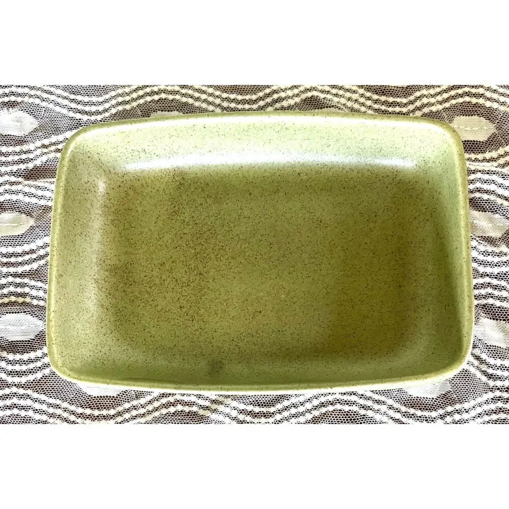 VTG Haeger Pottery 3832 USA Olive Green Speckled Rectangular MCM Stoneware Dish